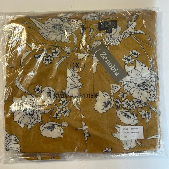 ZENOBIA NWT Mustard Yellow Short Sleeve Floral Blouse Shirts Elastic Waist 1X - Picture 2 of 7